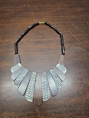 handmade tribal statement Necklace carved dark wood and etched Light Pieces Vtg